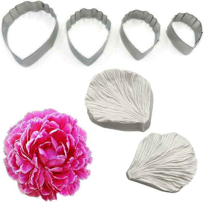 4pcs Stainless Steel Peony Cutter 2pcs Gumpaste Peony Silicone Veining Mold Gum Paste Peony Fondant Flower Molds for Sugarcraft Cake Decorating Candy Polymer Clay