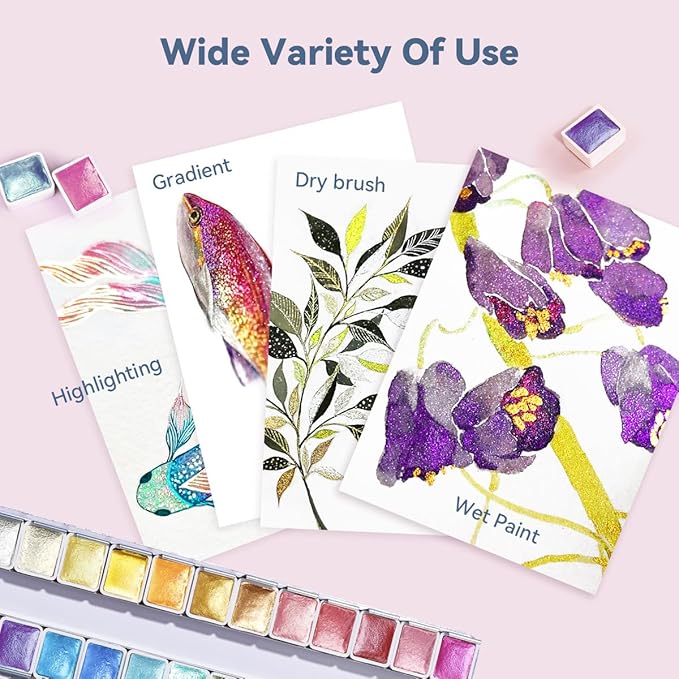 Paul Rubens Artist Watercolor Paints-Metallic Glitter Solid Colors-Pink Portable Metal Case with Palette-24 Color Set Sparkle Watercolor