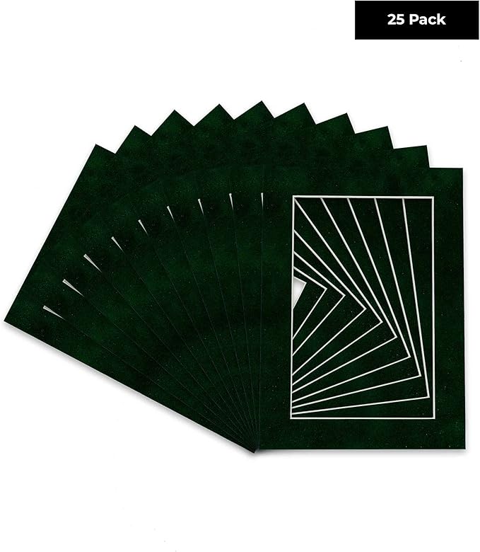 Pack of 25 Acid Free 11x14 Mats Bevel Cut for 8.5x11 Photos - Green Suede Precut Matboards For Pictures, Photos, Framing - 4-ply Thickness