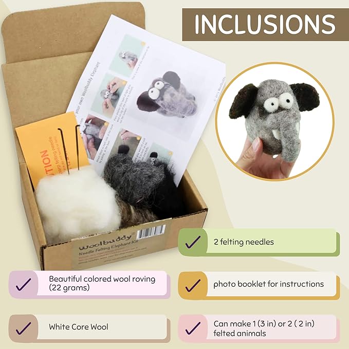 Woolbuddy Needle Felting Kit for Beginners & Adults – Elephant DIY Felt Animal Starter Kit with Natural Wool Roving, Felting Needles & Step-by-Step Instructions