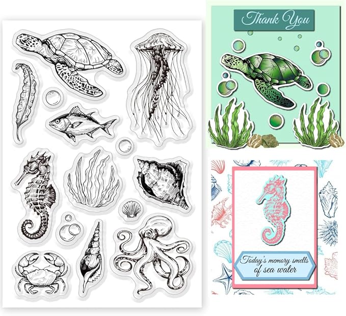 Summer Ocean Sea Turtle Clear Stamps for DIY Craft Turtle Clear Stamps for Card Making Decoration Marine Shell Starfish Animals Seahorse Transparent Silicone Seals Stamp Rubber Stamps Decor