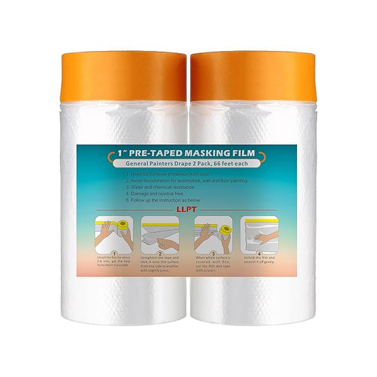 LLPT Tape and Drape 35.4”(Unfolded) x 66 Ft Each 2 Pack Pre-Taped Masking Film 0.27 Mil Painters Plastic Drop Cloth for Auto Wall Furniture Painting Protection (MFT902)