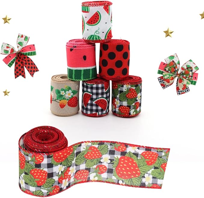 2.5" Watermelon and Strawberry Ribbon,Summer Craft Wire Edged Ribbon,Checks,Polka Dots,Watermelon Slices,Strawberries and Flowers Faux Linen Ribbons for Floral Arrangements, Packages and Home Decor.