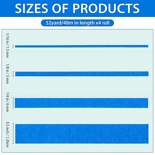 QDiShi 4 Rolls Fine Line Tape(Blue), Fineline Masking Tape in 1/16, 1/8, 1/4 and 1/2 Inch Wide x 52 Yard Long, Automotive Masking Tape for DIY Car Auto Paint Art