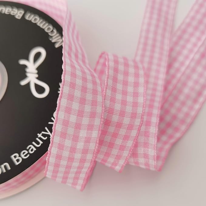 Pink Gingham Plaid Checked Ribbon 25 Yards Each Roll 100% Polyester (5/8",Pink)