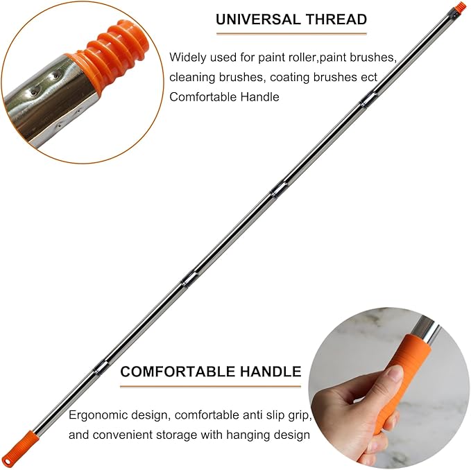 8 PCS Total 10 Ft Extension Pole, Paint Roller Stainless-Steel Threaded Splicing Extension Poles for Hand Drywall Sander Wall Cleaning and Polishing Paint Roller Brushes