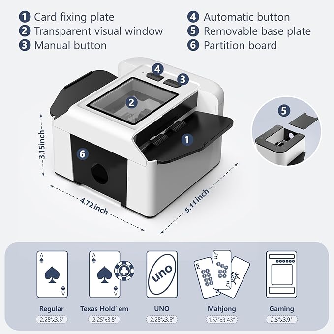 ShinePick Automatic Card Shuffler, Electric Shuffling Machine with 2000mAh Rechargeable Battery, Low Noise Card Shuffler - Automatic and Manual Mode for Poker, Phase 10, UNO, Skip-Bo