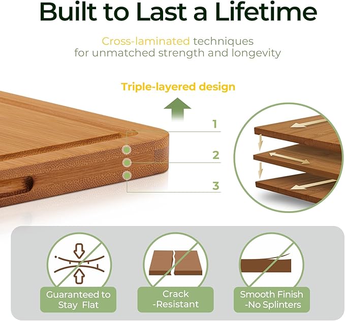 Butcher Block 2-Pcs Carbonized Bamboo Cutting Board Set With Juice Groove For Meal Prep & Cheese Serving - Ideal Kitchen Gift Set of 2 (M+L)