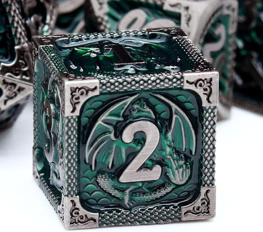 Haxtec DND Dice Set Metal D&D Dice Set with Leather Dice Bag Antique Iron Green Metal Polyhedral Dice Compatible with Dungeons and Dragons TTRPG Gifts