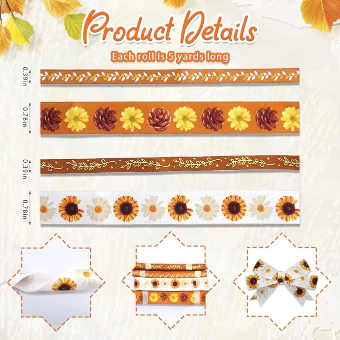4 PCS Thanksgiving Fall Ribbons for Crafting, 3/8''Width and 4/5''Width Flowers Ribbons White Orange Satin Ribbon Metallic Leaves Craft Ribbons for Gift Wrapping Fall Decorations
