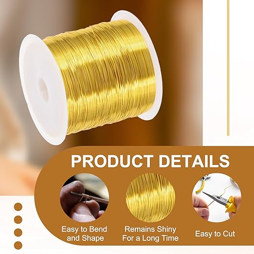 PATIKIL 26 Guage/ 0.4 mm 328 Feet Jewelry Craft Wire, 2 Pcs Copper Beading Wires with Plier for Beading Jewelry Making Supplies Earrings Bracelets Accessories Sculptures Gardening, Gold