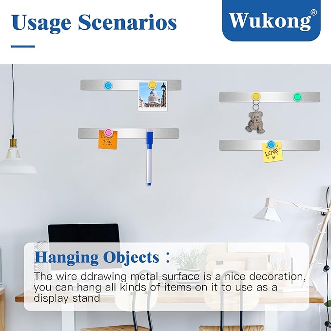 Wukong 6 Pack | 30x3cm(11.81 x 1.18) Magnetic Stainless Silver Boards Strips, Adhesive Backing Bulletin Bar Board, Memo Board with 16Pcs Colorful Magnets for Office, Home, Photo Wall, Documents