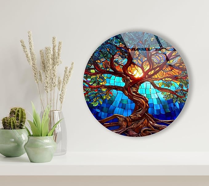 My Photostation.com 43Wx27H'' Stained Blue Life of Tree Glass Wall ArtTempered Glass Printing Wall Decor Large Wall Art Wall Hangings