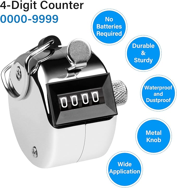 Tally Counter, 4-Digit Clicker Counter, Metal Hand Tally Counters Clicker Pitch Counter for Counting, Knitting, Coaching, Golf, Lap, Fishing