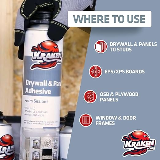 KRAKEN BOND Drywall & Panel Adhesive Foam - (1x24oz) Heavy-Duty, Fast-Curing Construction Adhesive for Concrete, Wood, and Heat Insulation Applications - Gun&Gun Cleaner Set