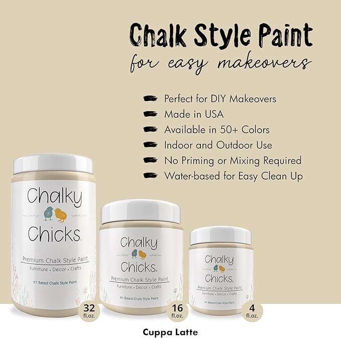 Chalky Chicks All-in-One Chalk Paint for Furniture or Cabinet - 32 Fl Oz - Matte Finish Cuppa Latte Tan for Metal, Wood Furniture Paint - No Sanding All-in-One for Home Decor & Crafts, USA Made