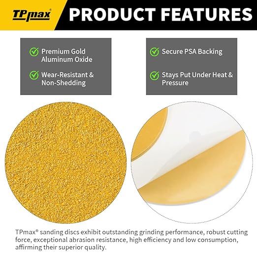 6-Inch 240-Grit Gold PSA Sanding Discs, 50 Pack – Pro-Grade Self-Adhesive Stickyback Sandpaper with Quick-Release Tabs for DA Sander, Very Fine Automotive/Wood/Metal Sanding