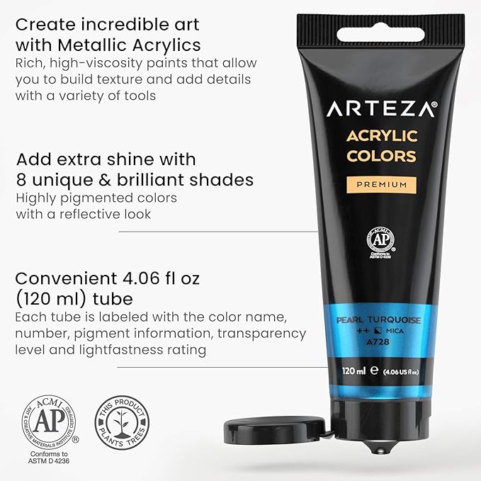 Arteza Metallic Acrylic Paint, Set of 8 Classic Elements Colors 4.06oz Tubes, Rich Pigments, Non Fading, Non Toxic Paints for Artists & Hobby Painters, Art Supplies for Canvas Painting & Crafts