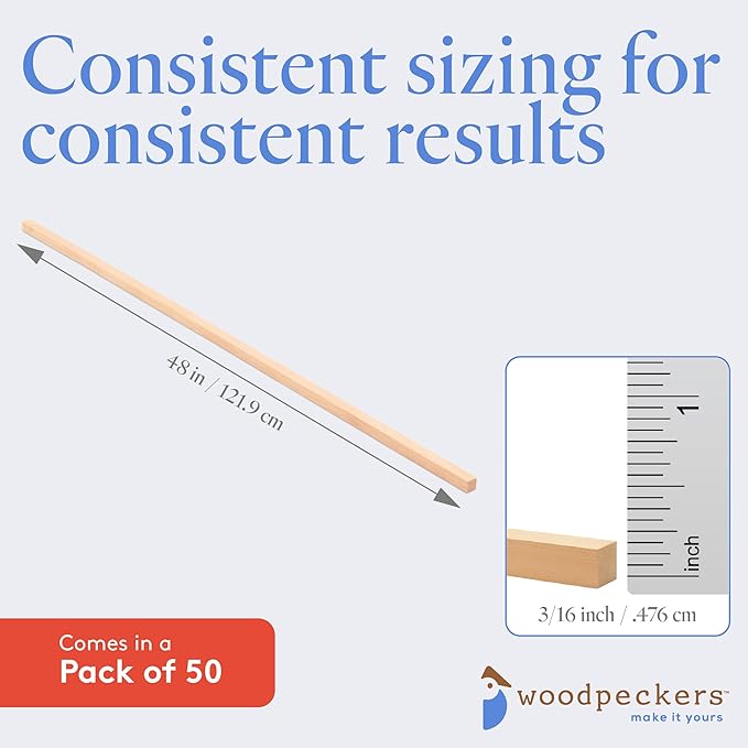 Wood Square Dowel Rods 3/16-inch x 48 Pack of 50 Wooden Craft Sticks for Crafts and Woodworking by Woodpeckers