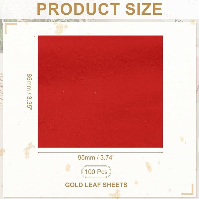 PATIKIL Gold Leaf Sheets for Art 3.7" x 3.4", 100 Pcs Gold Foil Sheet Metallic Leaf Papers for DIY Crafts Resin Furniture Nails Paintings Home Decoration, Red