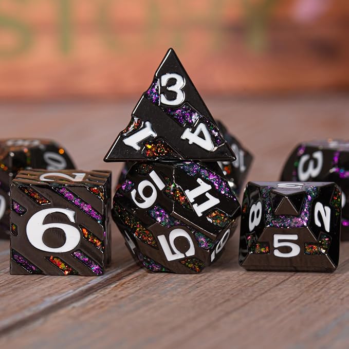 Metal Dice Set DND,Metallic Glitter Stripes D&D Dice Set,7 PCS Polyhedral Dice Set with Gift Case for Dungeons and Dragons Tabletop Game(Black Nickel Bicolor)