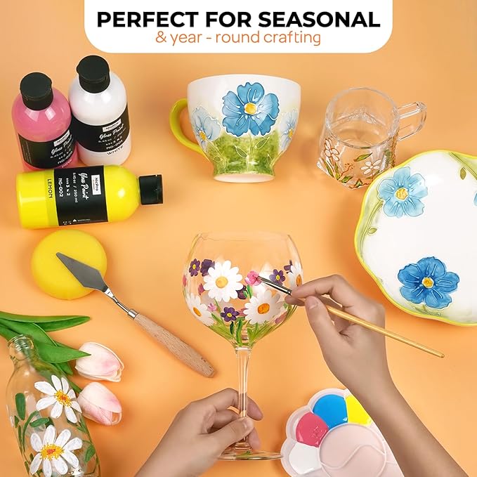 Nicpro 18 Colors Acrylic Glass Paint Set (8.45 oz, 250 ml) Large Bulk Enamel & Ceramic Painting Supplies Kit for Wine Bottle Glass Jars Windows with Sponge & Art Knife, Opaque Gloss Finish
