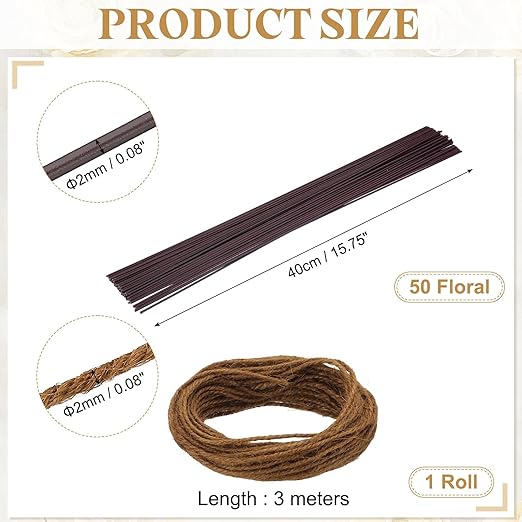 uxcell 50Pcs 2 Gauge Floral Wire, 15.75" Length Flower Stem Wires with 0.08" x 32.8ft Twine for Wreath Making, Flower Arrangement, Brown