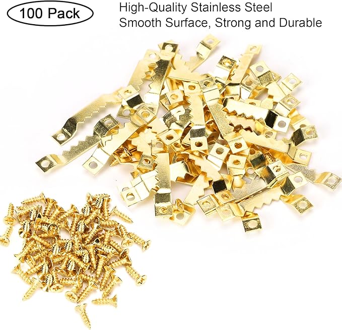 Small Sawtooth Picture Hangers 100 Pack Steel Sawtooth Hangers with Screws for Hanging Canvas Photos Frame Clock Paintings Artwork (Gold)