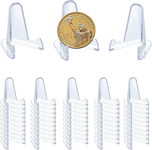 50 PCS Acrylic Display Holder Clear Display Easel Stands for Coins Capsules Phone Medals Stones Cards (Small)