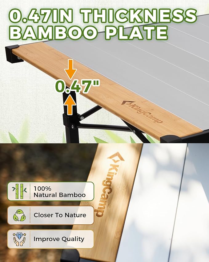 KingCamp Folding Camping Table, Aluminum Roll-Up Camp Table, Large Foldable Table for 2-4 Person, Outdoor Portable Tables with Carry Bag, 120 LBS Heavy Duty Load (Bamboo：40.16“x27.5”，2-4 People)