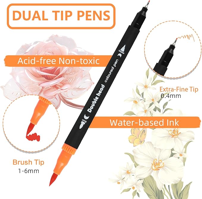 60 Colors Dual Tip Brush Pens, Fine Felt Tip and Brush Tips Colored Pens for Adults and Kids, Coloring Markers for Coloring Book Bullet Journaling Note Taking Hand Lettering