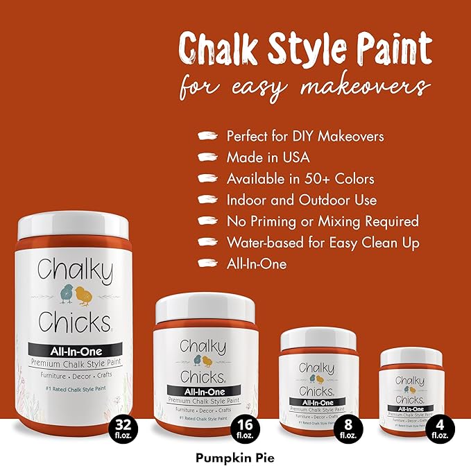 Chalky Chicks All-in-One Chalk Paint for Furniture or Cabinet - 8 Fl Oz - Matte Finish Pumpkin Pie Orange for Metal, Wood Furniture Paint - No Sanding All-in-One for Home Decor & Crafts, USA Made