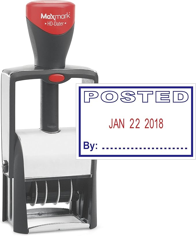 MaxMark Heavy Duty Self Inking Date Stamp with Phrase Posted - 2 Color Blue/Red Ink