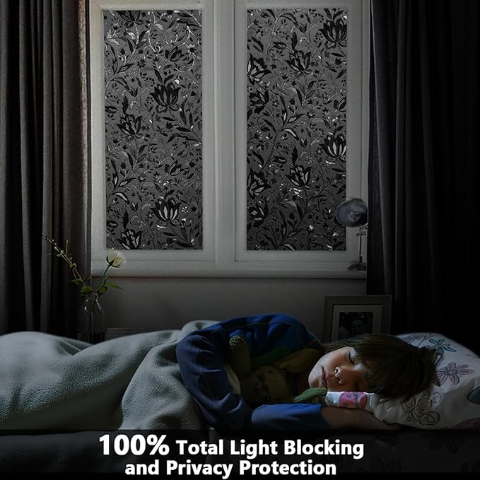LEMON CLOUD Total Blackout Window Film - 100% Opaque Frosted Privacy Film for High Privacy, Removable Static Cling (Tulip Design, 17.5 x 78.7 Inches)