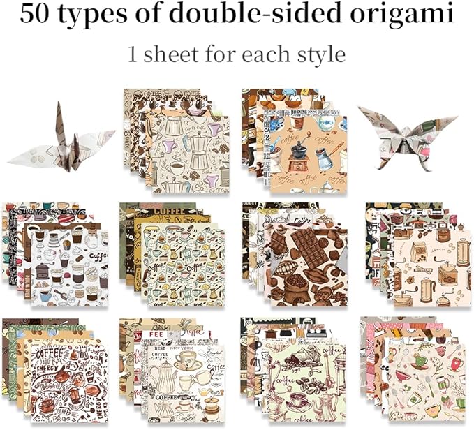 Square Origami Paper 6x6 Double Sided 50 Sheets 50 Colors 70GSM Origami Kit Japanese Chiyo Easy Fold Arts Crafts DIY Handwork Beginner Coffee