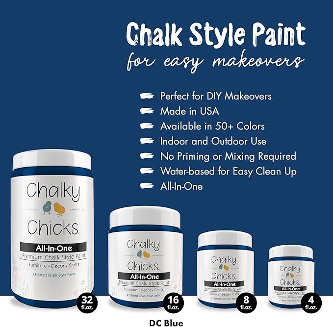 Chalky Chicks All-in-One Chalk Paint for Furniture or Cabinet - 4 Fl Oz - Matte Finish DC Blue Navy Blue for Metal, Wood Furniture Paint - No Sanding All-in-One for Home Decor & Crafts, USA Made