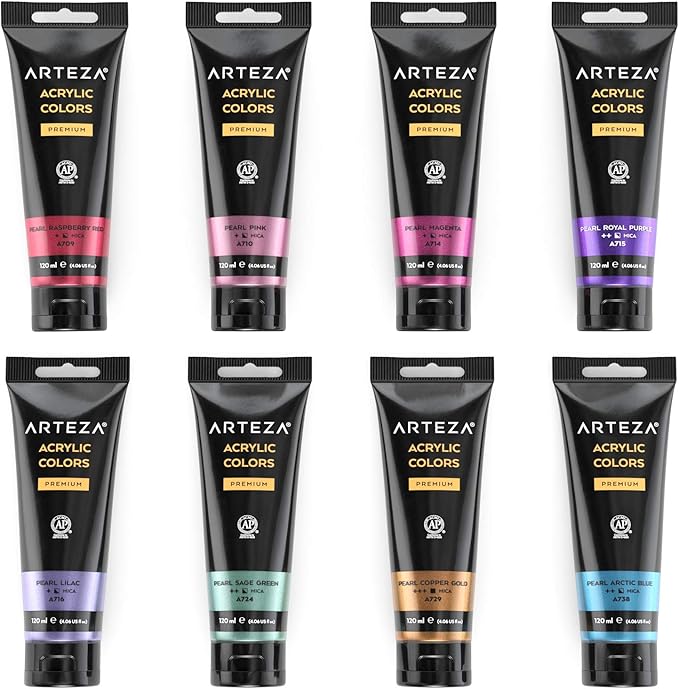 Arteza Metallic Acrylic Paint, Set of 8 Vibrant Essentials Colors 4.06oz Tubes, Rich Pigments, Non Fading, Non Toxic Paints for Artists & Hobby Painte
