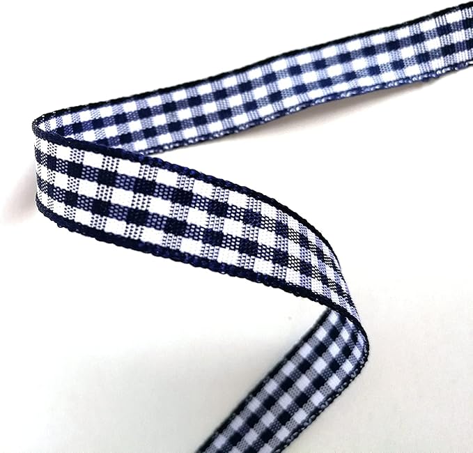 Blue Gingham Woven Edge Ribbon 25 Yards Per Spool,Dark Blue Checked Crafts 3/8 Inch Wide (3/8", Navy)