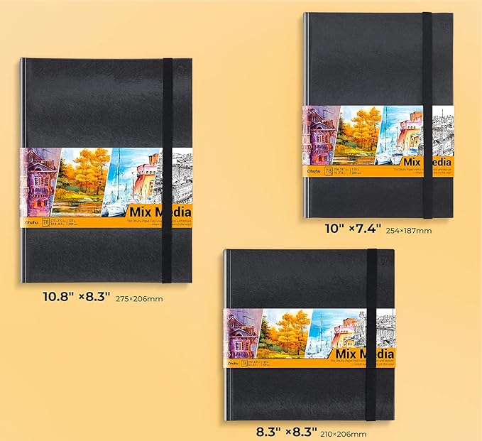 Ohuhu Mix Media Pad - 10.8"x8.3" Mixed Media Art Sketchbook, 120 llb/200 GSM Heavyweight Papers, 78 Sheets/156 Pages, PU Hardcover Mixed Media Paper Pad for Acrylic Painting Christmas Gift