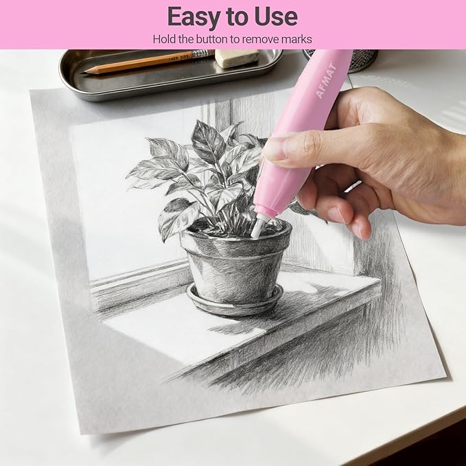 AFMAT EE04PK Electric Eraser, with 140 Eraser Refills, Rechargeable Pencil Erasers for Artists, Electric Erasers for Drafting, Drawing, Painting, Sketching, Architectural Plans, Detailer Tool-Pink