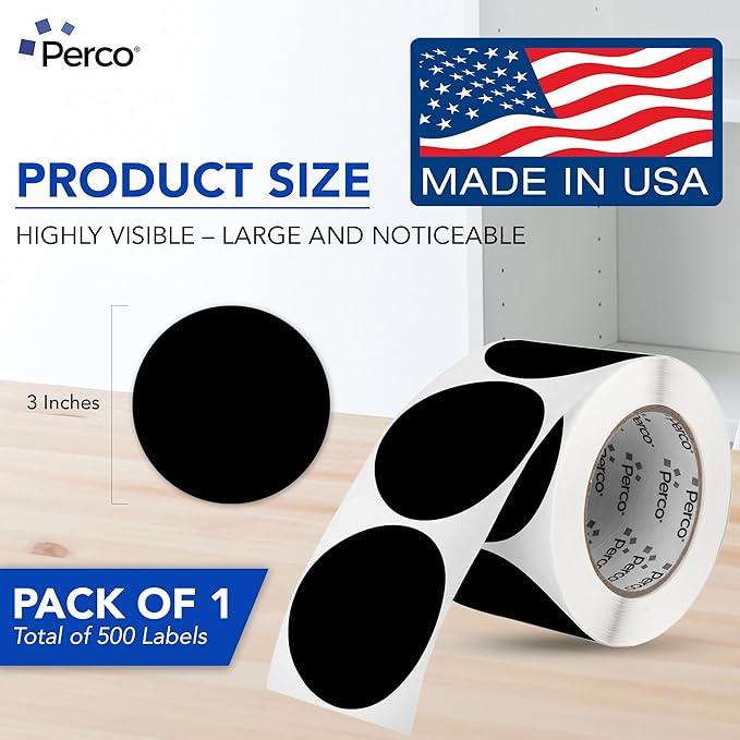 Perco Black 3-Inch Round Circle Dot Sticker Labels with Easy Peel Perforation - 500 Labels per Roll - Strong Adhesion, Vibrant Colors for Organizing, Crafting & More - Made in USA