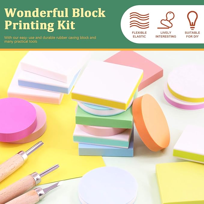 Keadic 24 Pieces Block Printing Starter Tool Kit, Rubber Stamps Making Set with Round & Square Rubber Carving Blocks, Linoleum Cutter Tools & Grindstone for Stamp Carving and Printmaking