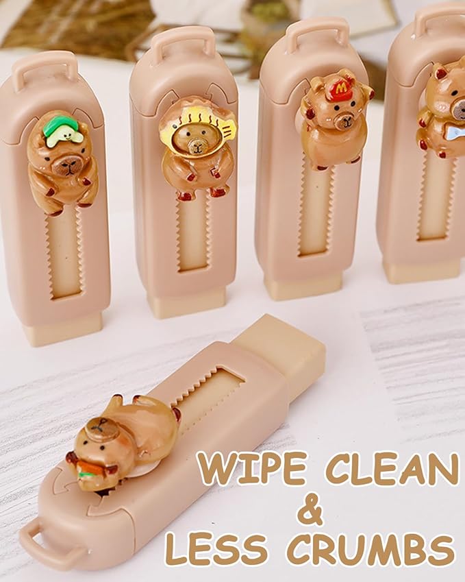 5 Pack Capybara Retractable Erasers, Cute Pencil Erasers for Kids, Students, Capybara Lovers, Large Push-Pull Rubber Eraser Set, School Office Home Stationery Supplies, Brown Colors