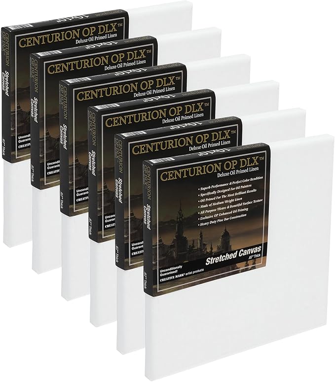 Centurion Deluxe Professional Oil Primed Linen Stretched Canvas, 11oz Linen, 24x24 - Box of 6, 0.67" Deep Canvases, Kiln-Dried Stretchers, Back Stapled, Premium Medium Weight Canvas for Oil Paintings