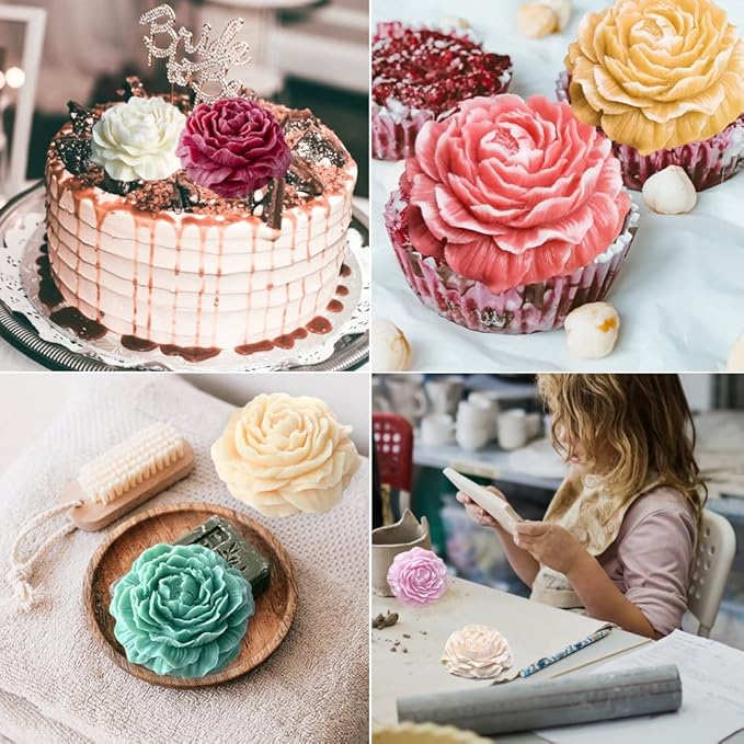 2PCS Peony Flower Silicone Soap Molds 3D Resin Candle Molds Flower Fondant Silicone Mold for Handmade Cake Decoration Cupcake Jelly Candy Chocolate Epoxy Casting Resin Craft