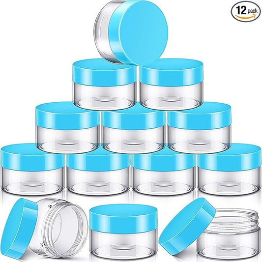 SATINIOR 12 Pack 6 oz Plastic Container Jars with Lids Round Clear Travel Cosmetic Container Slime Jars for Toiletries, Lotion, Cream, Ointments, Makeup, Rhinestone, Samples, Kitchen Storage(Blue)