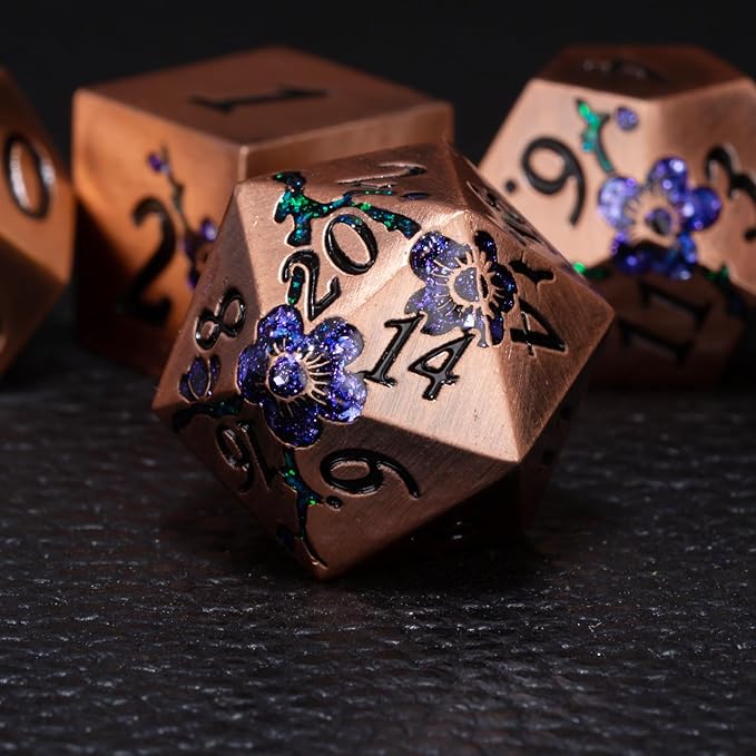 Metal DND Dice Set, Dungeons and Dragons Metallic Flower Dice with Gift Case, Polyhedral Dice Sets for Tabletop Games (Antique Red Copper - Purple)