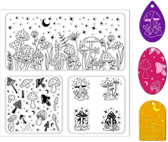 CHGCRAFT Polymer Clay Texture Sheet Mushrooms Silicone Texture Stamp Stars Flowers Clay Texture Mat Modeling Pattern Pad Polymer Clay Tools for Jewelry Earring Making DIY Craft, 5.5x5.5inch