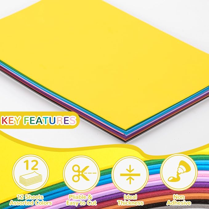 12 Pack Foam Sheets Craft 8 x 12 inch, 12 Colors Eva Foam Paper for Art Crafts Projects, Classrooms Scrapbook DIY Projects, Back to School Supplies (EVA 02)