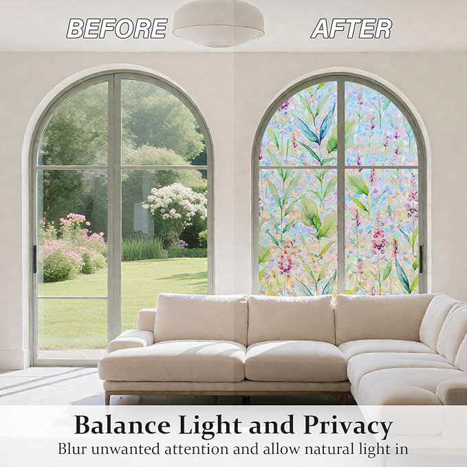 Donox Decorative Window Privacy Film, 3D Floral Stained Glass Window Film Static Cling Rainbow Privacy Sticker for Glass Door Heat Control Anti UV, No Adhesive (Gladiolus,35.4 x 157.4 inches)